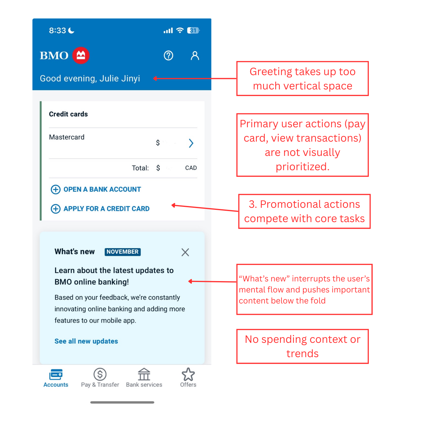 Annotated BMO app screenshots highlighting key problems with the current design